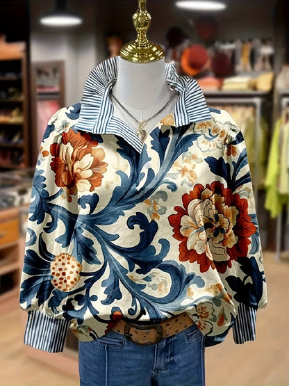 Blouse Femme Imprimé Floral Baroque à Col Rayé et Manches Longues Poignets Rayés