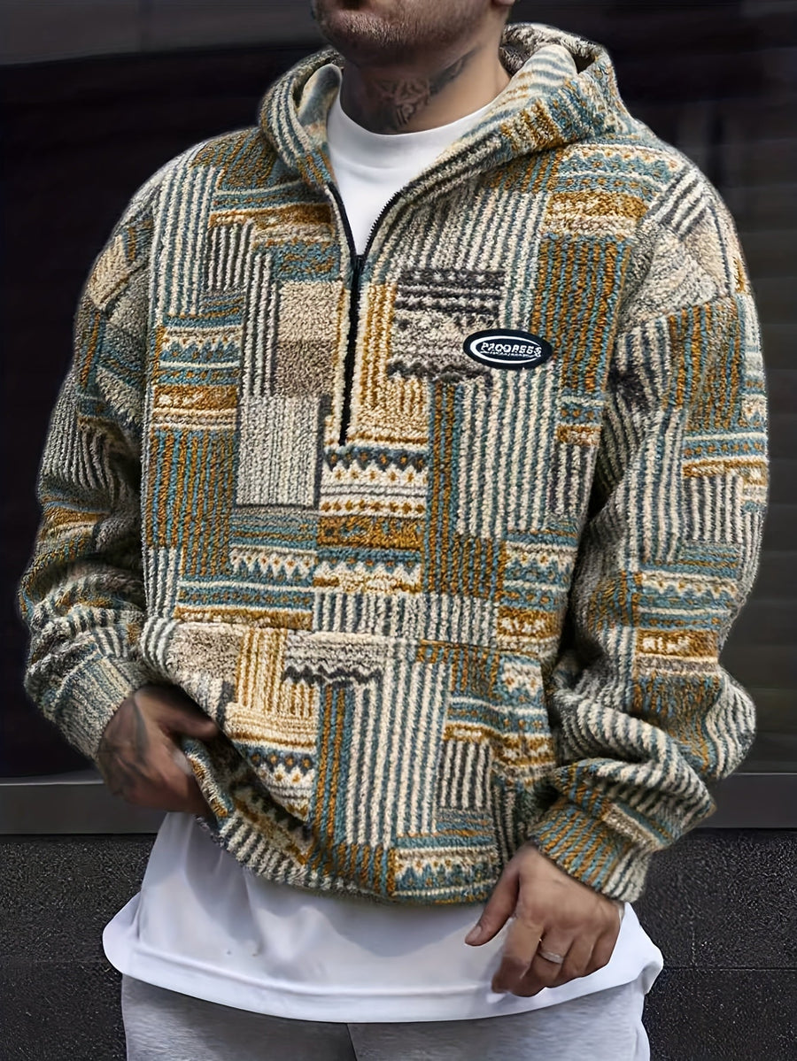 Sweat à Capuche Homme Motif Patchwork Imprimé Ethnique Demi-Zip Polaire Hiver