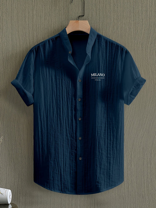 Casual skjorte med mao-krave til mænd – moderne MILANO-stil, korte ærmer, ideel til sommeren