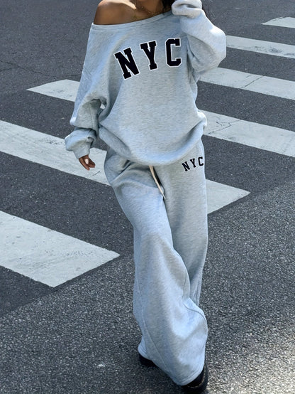 Ensemble survêtement femme gris clair décontracté avec impression NYC