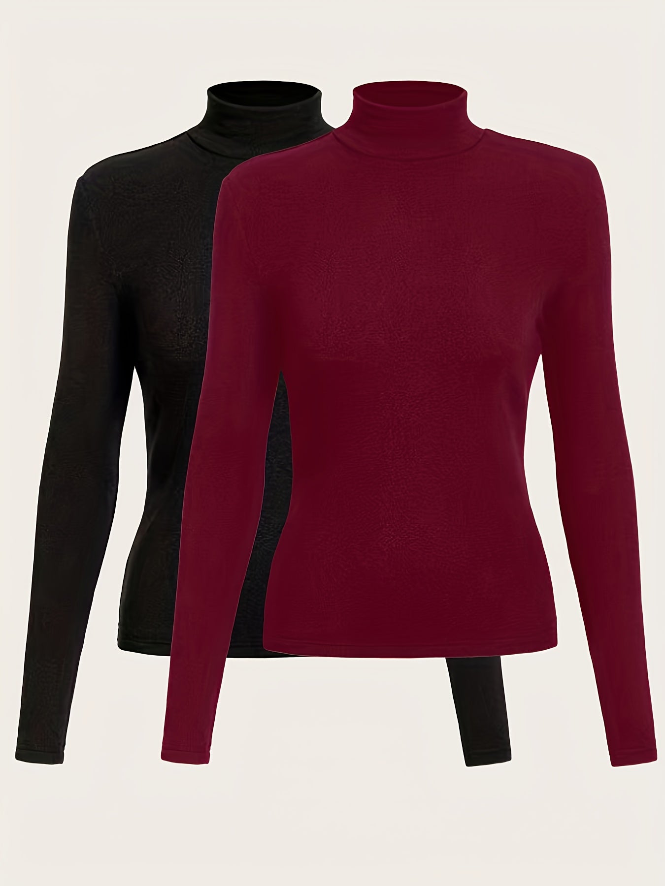 T-shirt Femme Col Roulé Manches Longues avec Trous pour Pouces Chaud Doux Couleur Unie