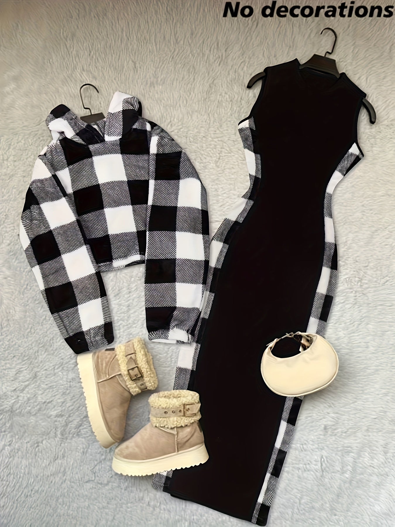 Ensemble robe longue et sweat crop à carreaux noir et blanc Femme