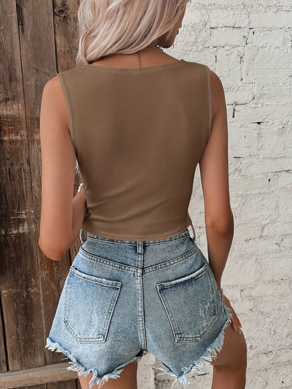 Top court femme à col en V croisé, style décontracté chic pour l'été