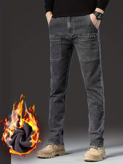 Jean Cargo Homme Hiver Doublé Polaire Coupe Droite Poches Multiples Couleur Unie