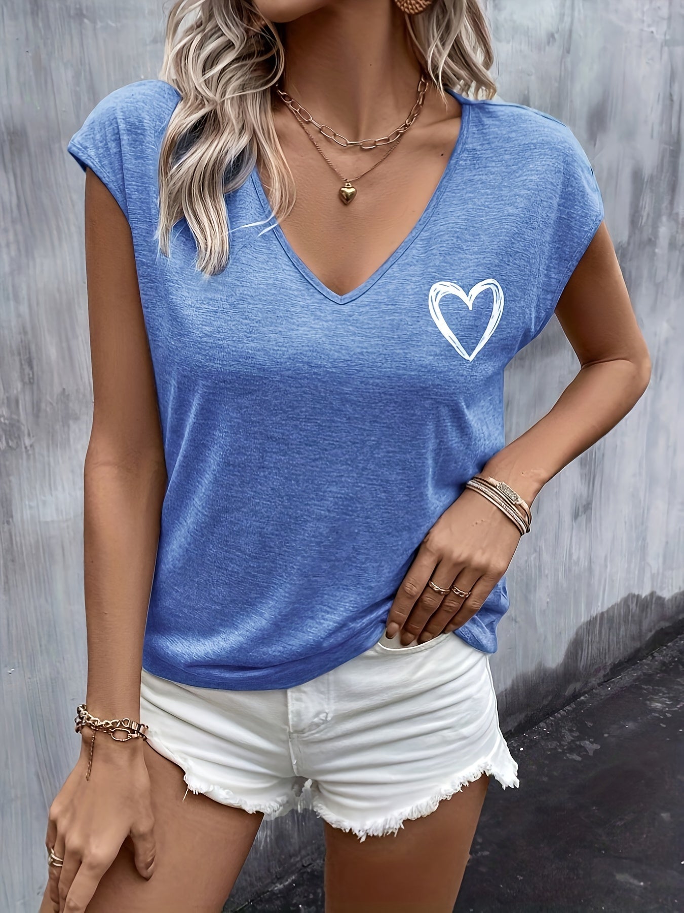 T-shirt Femme Décontracté à Col V Motif Cœur Style Estival