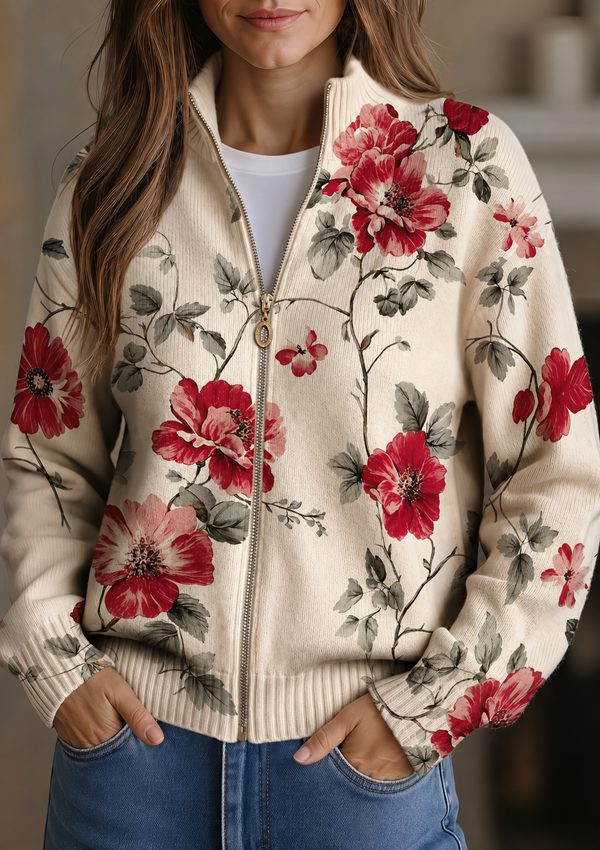 Giacca floreale color crema da donna con zip e collo rialzato a coste