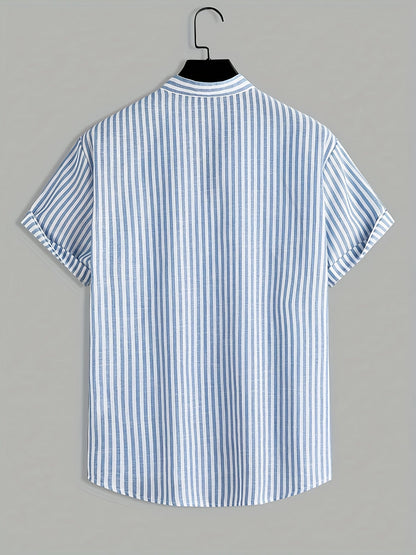Chemise décontractée à manches courtes pour homme, style estival à rayures, col montant, idéale pour l'été