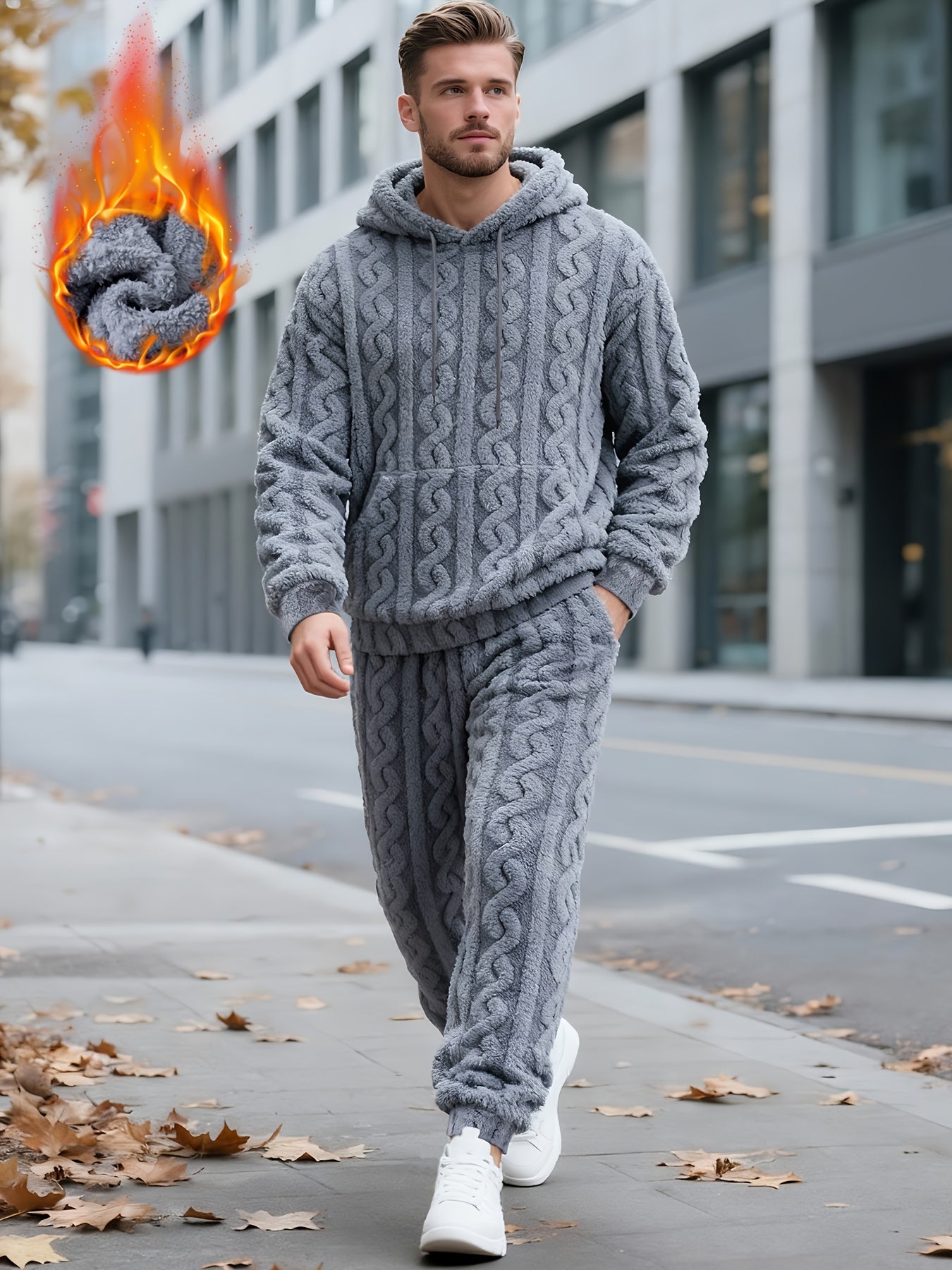 Ensemble de Survie Homme en Tissu Doux Texturé, Chaud, à Capuche et Pantalon, Gris Foncé