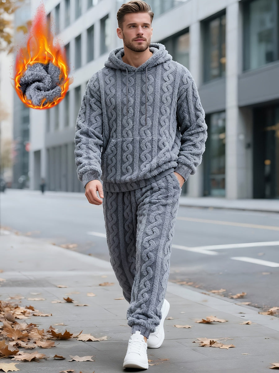 Ensemble de Survie Homme en Tissu Doux Texturé, Chaud, à Capuche et Pantalon, Gris Foncé