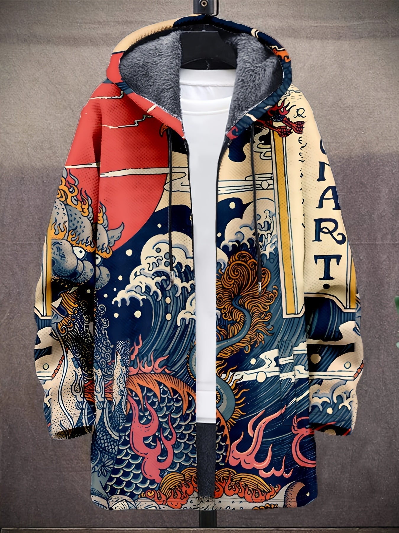 Manteau à capuche doublé en polaire imprimé fantaisie pour homme, fermeture éclair, motif vagues ou animaux