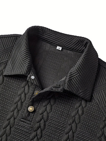 Polo homme tricoté à manches longues noir, col texturé, motif torsadé
