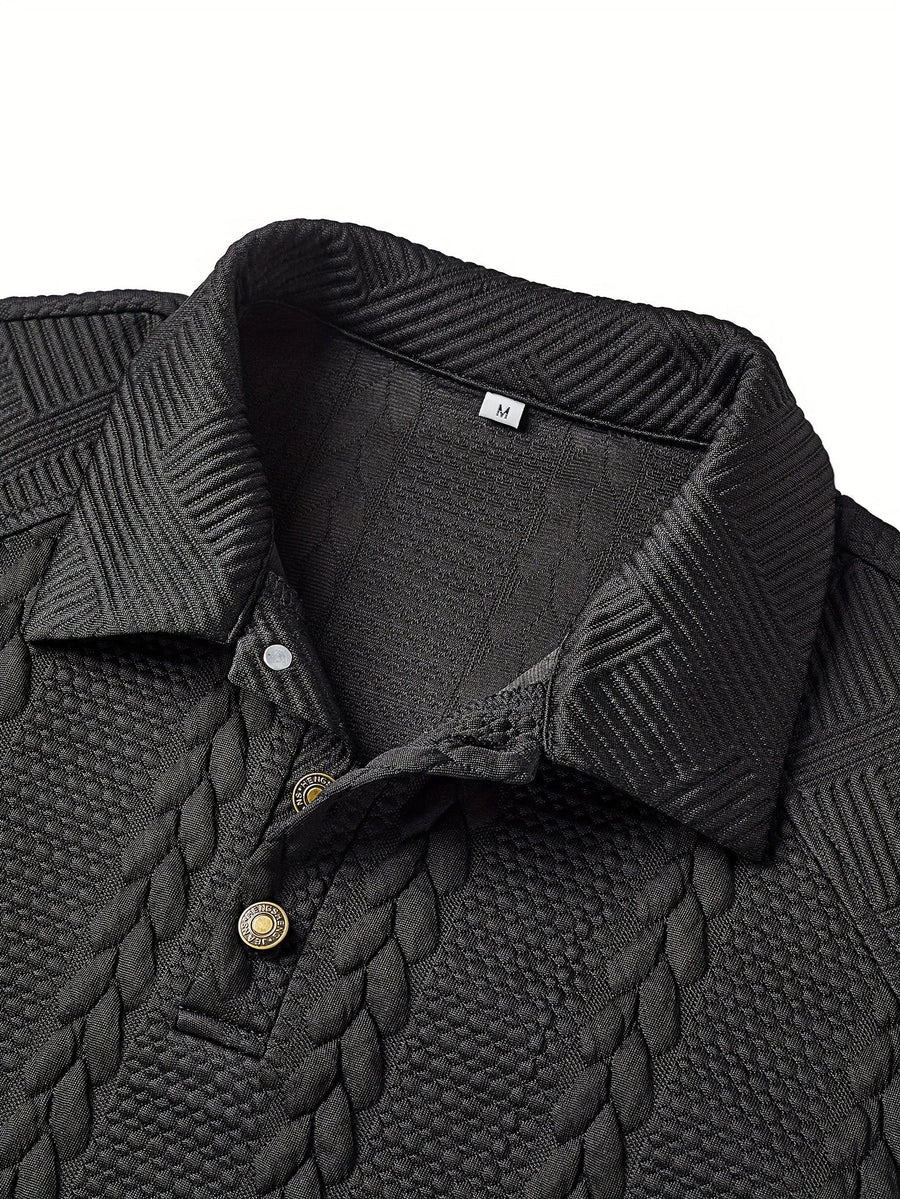 Black long-sleeve knitted men's polo shirt, textured collar, cable-knit pattern