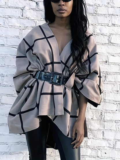 Poncho Réversible Femme Grille Noir et Beige Style Cape Élégante