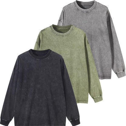 Sweat-shirt unisex lavé col rond décontracté à manches longues effet délavé