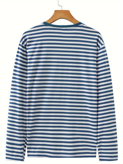 T-shirt à manches longues rayé col rond bleu et blanc pour homme