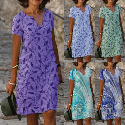 Vestido de verano casual para mujer estilo bohemio con estampado de hojas y mármol