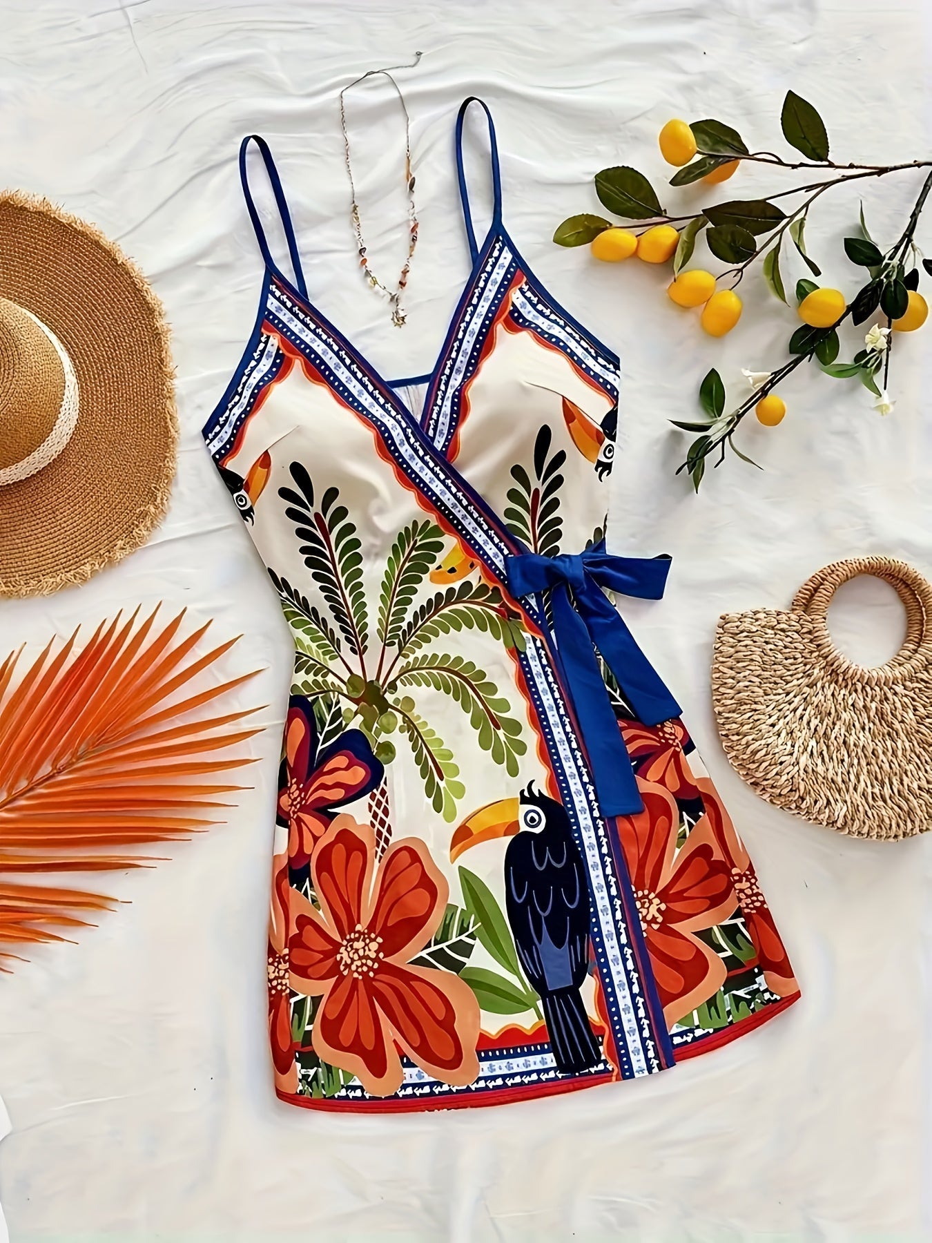 Abito portefeuille tropicale donna stile vacanze con stampa floreale e pappagallo