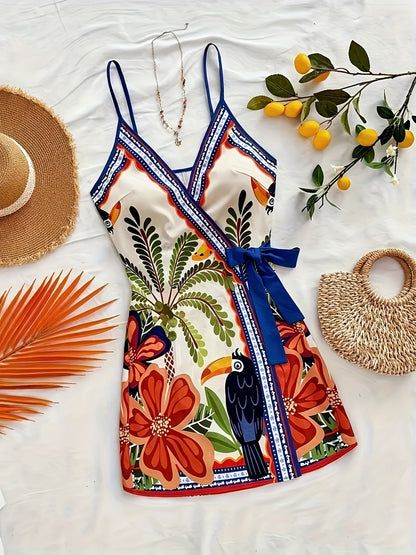 Abito portefeuille tropicale donna stile vacanze con stampa floreale e pappagallo