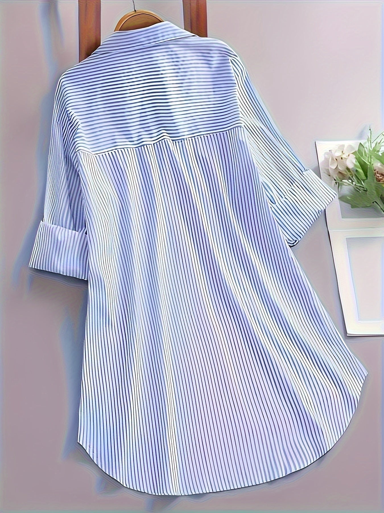 Camicia lunga a righe stile casual da donna, maniche lunghe, ideale per tutti i giorni