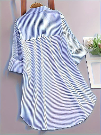 Camicia lunga a righe stile casual da donna, maniche lunghe, ideale per tutti i giorni