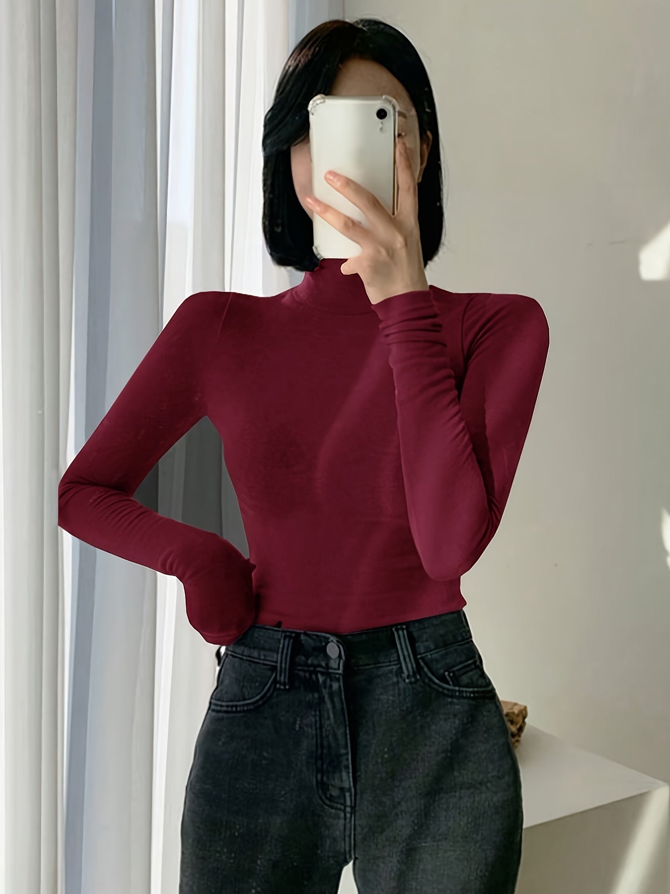 T-shirt Femme Col Roulé Manches Longues avec Trous pour Pouces Chaud Doux Couleur Unie