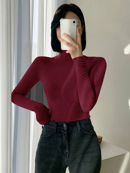 T-shirt Femme Col Roulé Manches Longues avec Trous pour Pouces Chaud Doux Couleur Unie