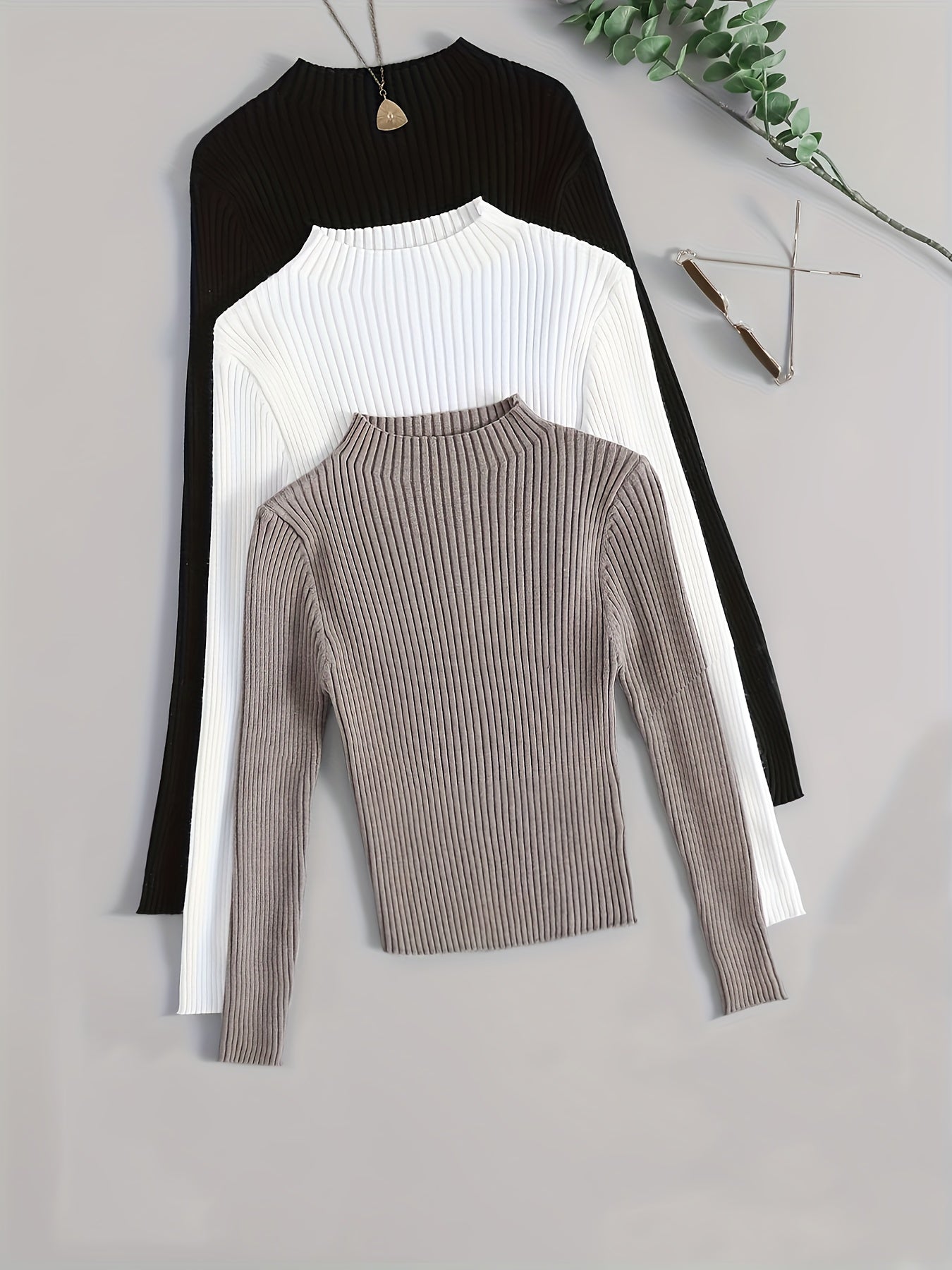 Pull côtelé à col montant pour femme, manches longues
