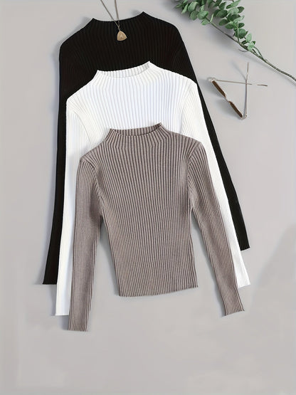 Pull côtelé à col montant pour femme, manches longues