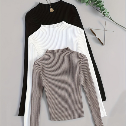 Pull côtelé à col montant pour femme, manches longues
