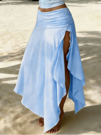 Falda larga de playa para mujer estilo bohemio con cintura fruncida y dobladillo asimétrico - Ideal para vacaciones y la costa