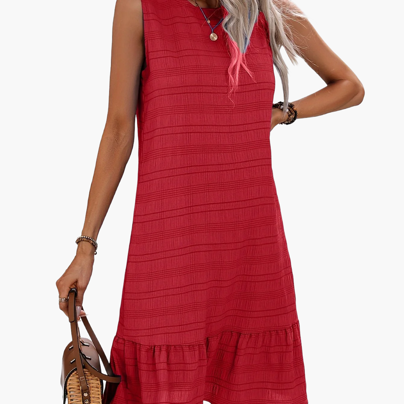 Abito casual donna stile vacanze con volant, senza maniche, collo tondo
