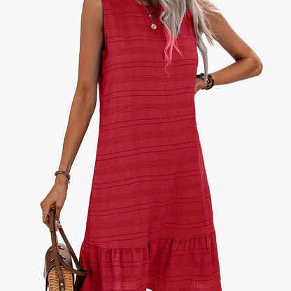 Abito casual donna stile vacanze con volant, senza maniche, collo tondo