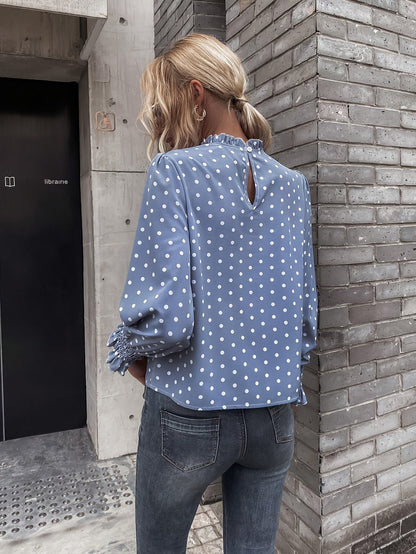 Chemisier Femme à Pois Col Montant Manches Longues Bleue