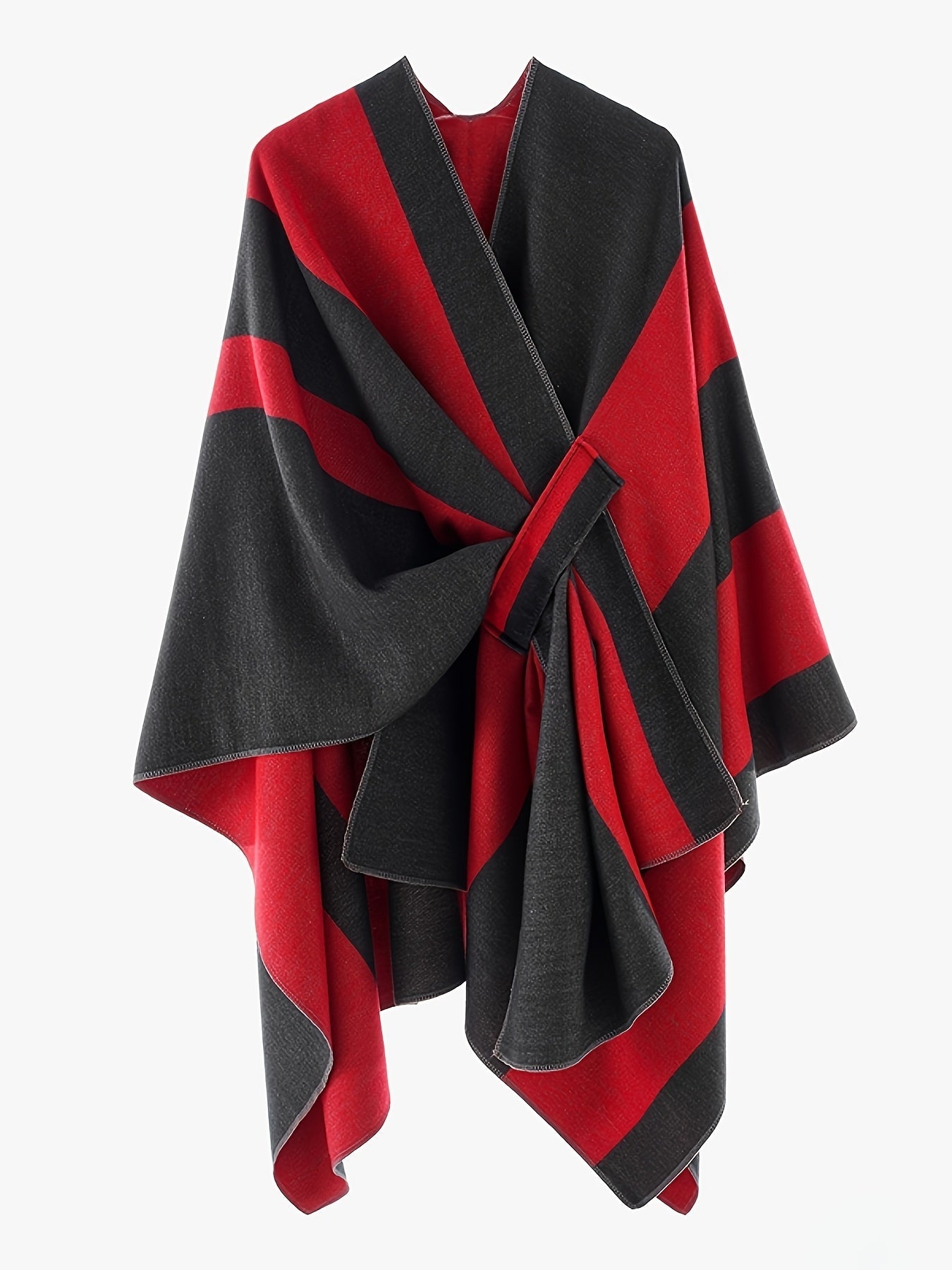 Poncho Cape Femme Rayé Bicolore avec Nœud Décoratif Doux
