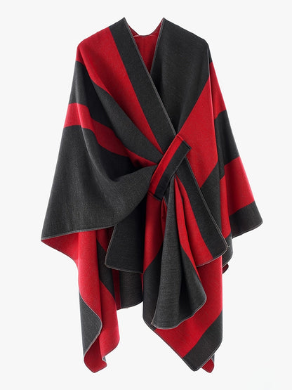 Poncho Cape Femme Rayé Bicolore avec Nœud Décoratif Doux