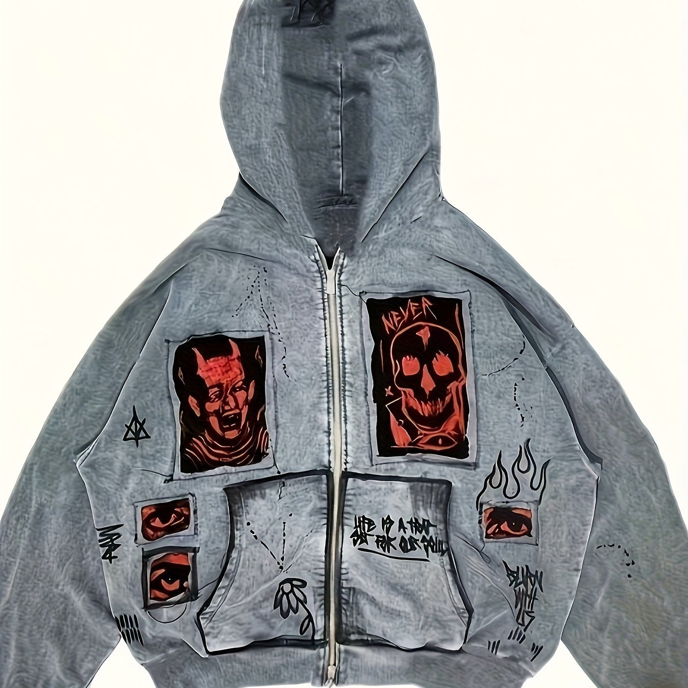 Sweat à Capuche Unisexe Gris Fermeture Éclair Motif Tête de Mort et Visage
