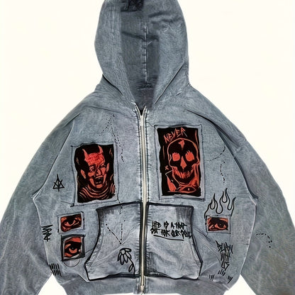 Sweat à Capuche Unisexe Gris Fermeture Éclair Motif Tête de Mort et Visage