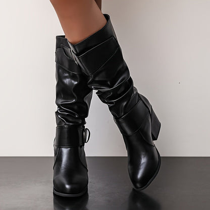 Bottes Femme mi-mollet plissées avec boucles décoratives et talon épais