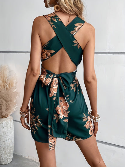 Eleganter Damen-Jumpsuit mit Blumenmuster im Boho-Stil, tiefem Ausschnitt – ideal für Sommer und Ausflüge