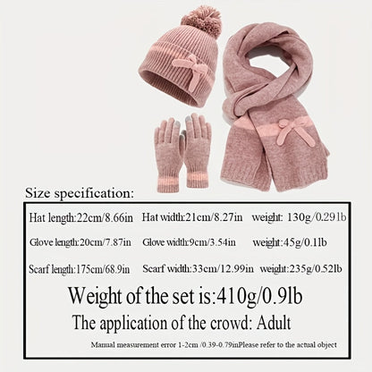 Ensemble Bonnet Écharpe Gants Tricoté Hiver avec Nœud Décoratif et Pompon pour Femme