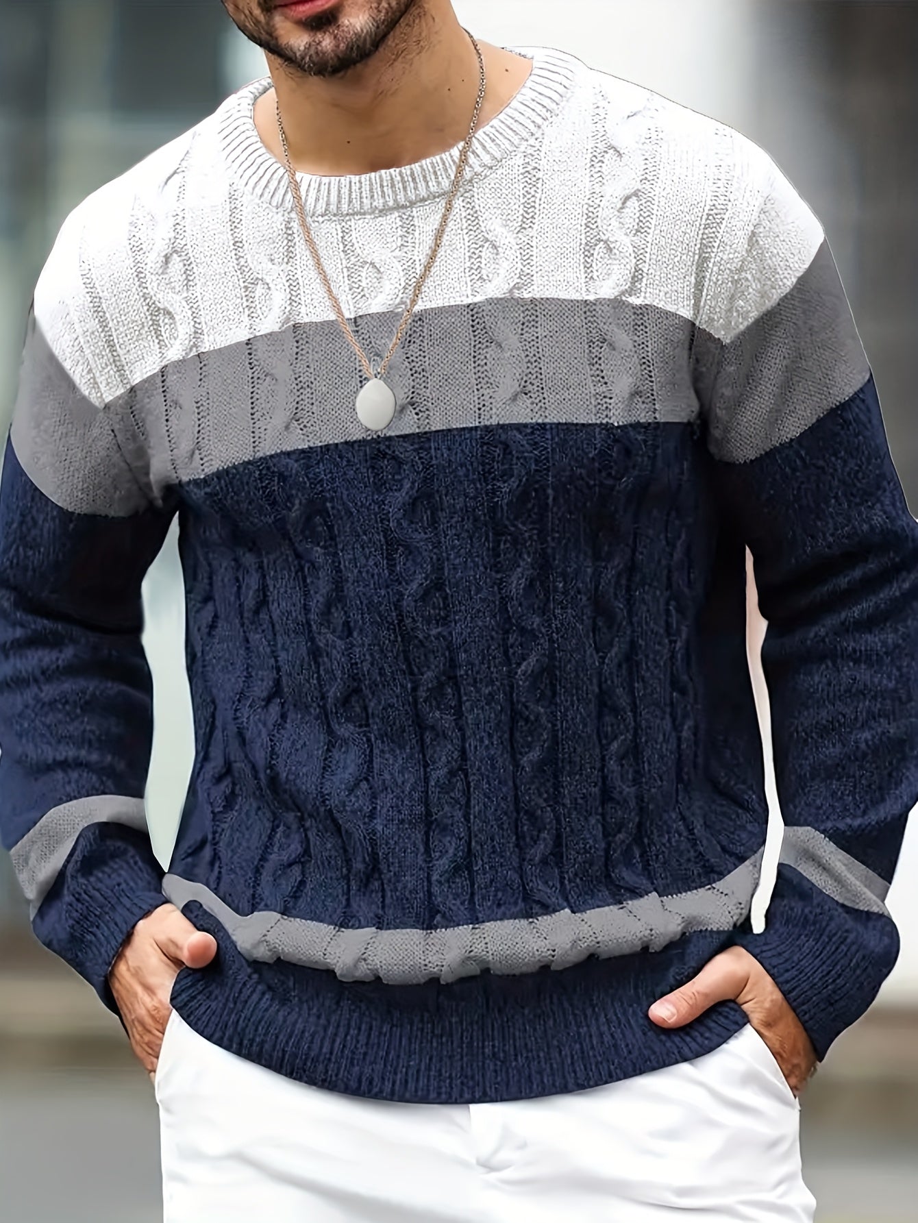 Pull homme col rond tricot torsadé à rayures contrastées