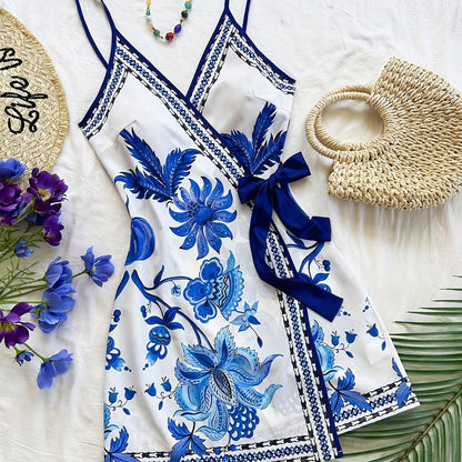 Abito portefeuille tropicale donna stile vacanze con stampa floreale e pappagallo