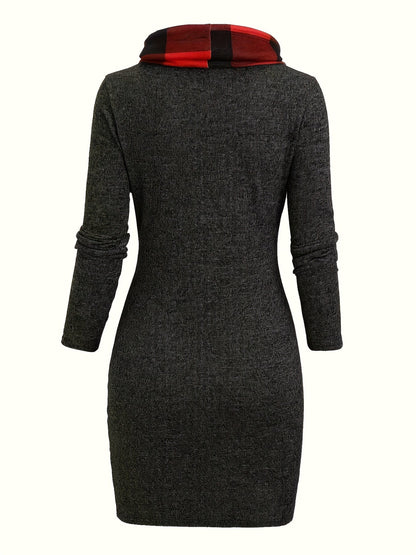 Robe Pull Courte Femme avec Col Cheminée et Motif Carreaux Bicolores