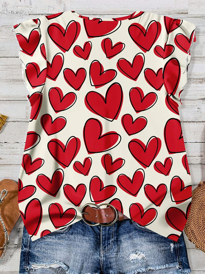 Women's casual blouse with heart print, summer style, V-neck, buttoned