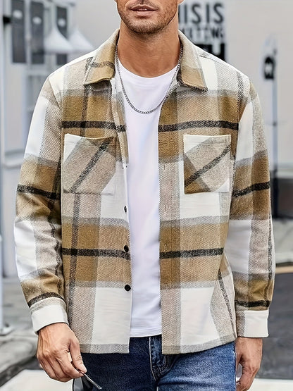 Chemise à carreaux homme coupe décontractée avec poches boutonnées marron clair et blanc