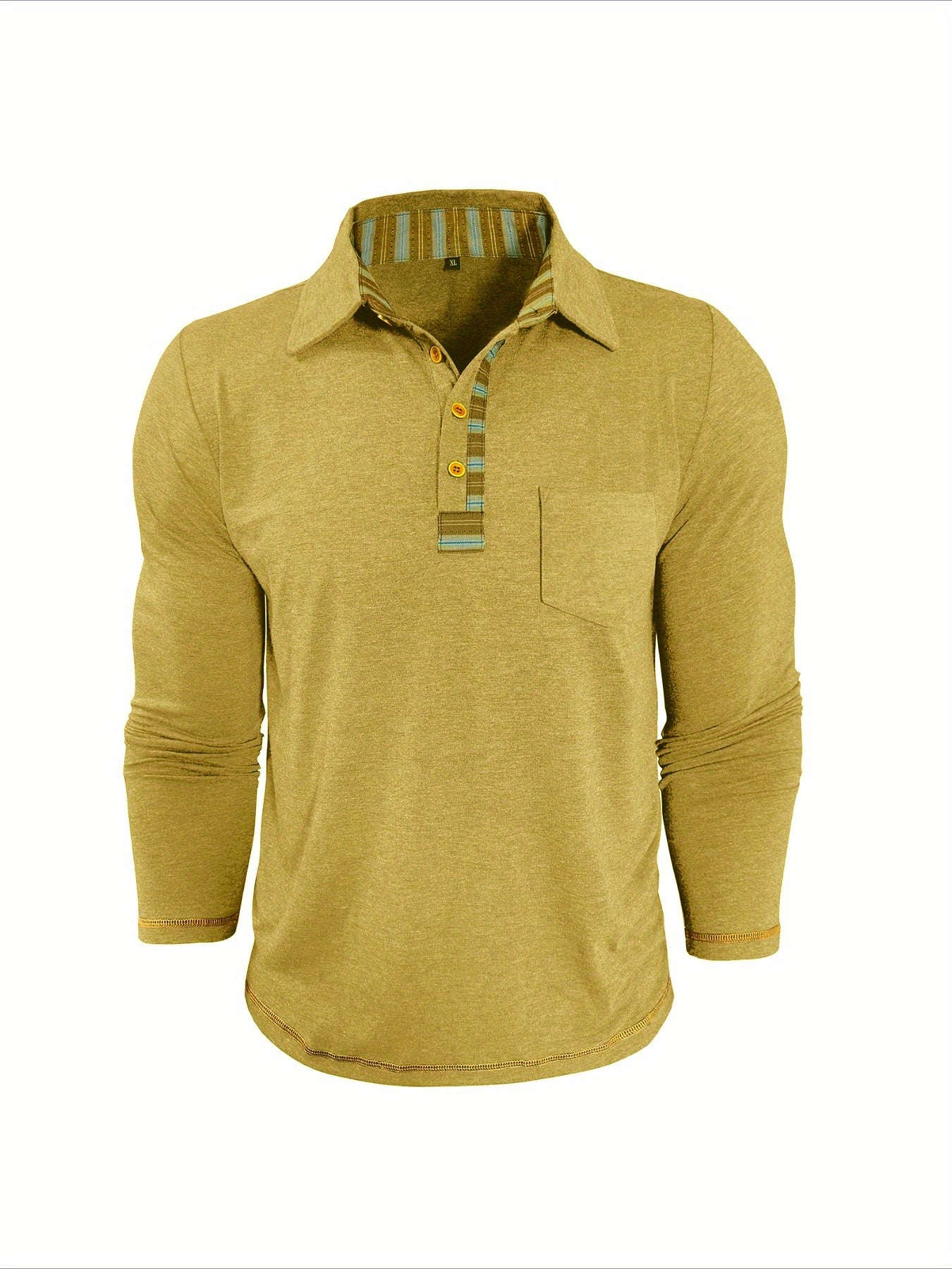 Polo Homme Manches Longues Détails Ethniques Boutons Beige