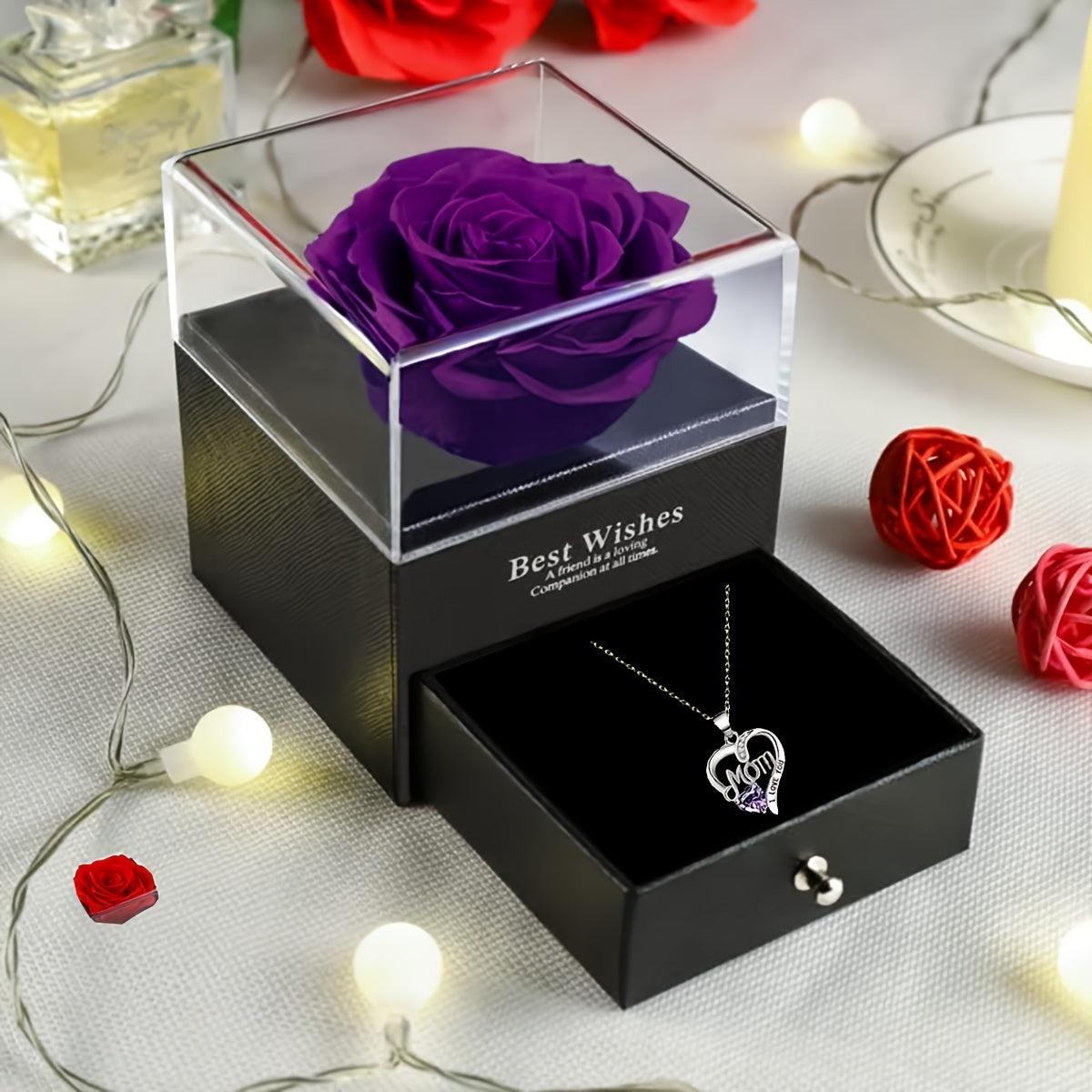 Collier Femme Pendentif Coeur 'Mom' avec Rose Éternelle – Cadeau Élégant pour la Fête des Mères