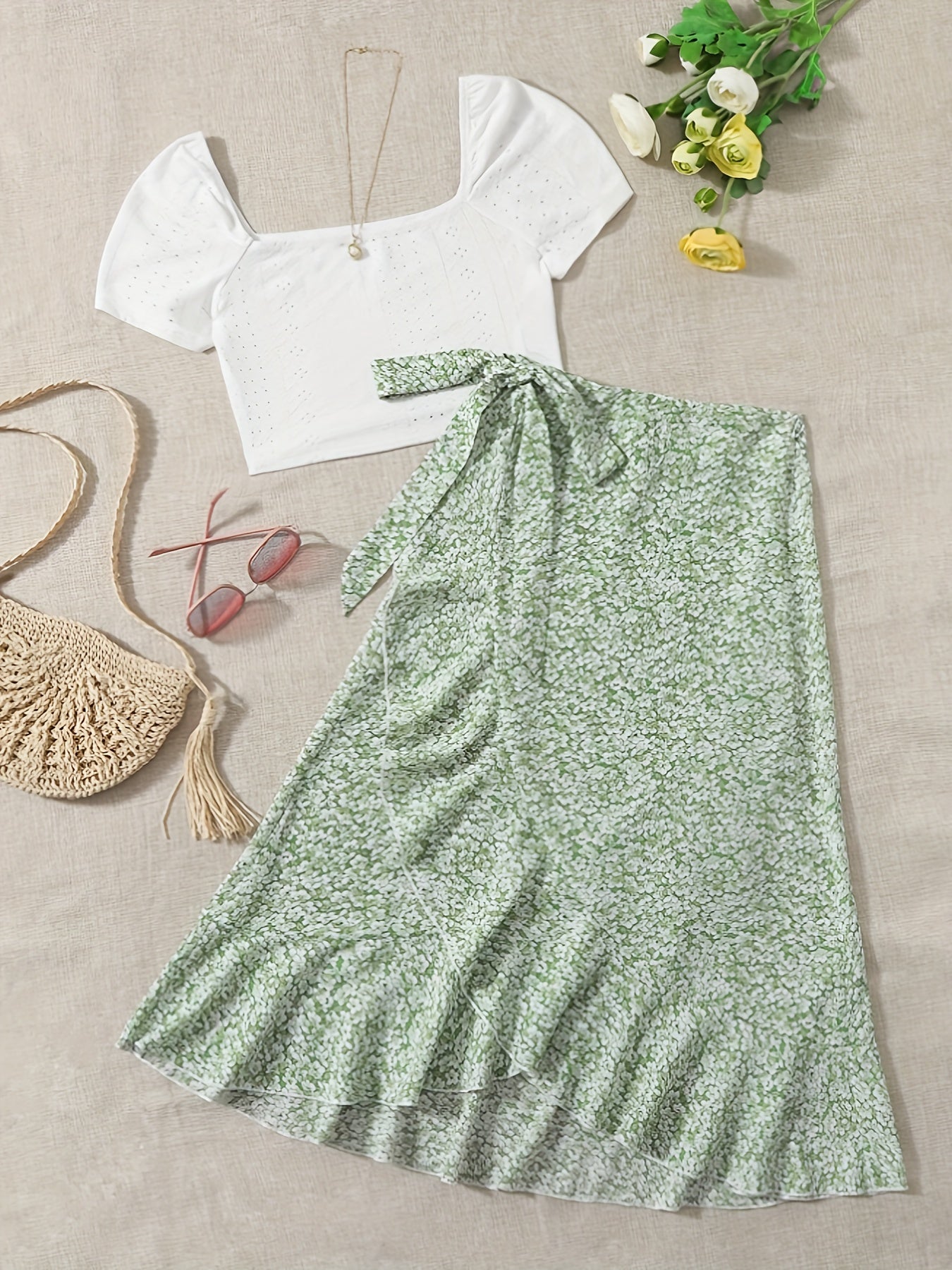 Women's Boho Chic Set – Short Sleeve Crop Top and Floral Wrap Skirt