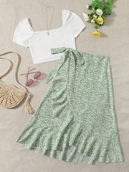 Women's Boho Chic Set – Short Sleeve Crop Top and Floral Wrap Skirt