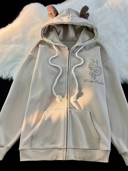 Sweat à Capuche Zippé Unisexe Crème avec Cornes et Motif Dragon Brodé